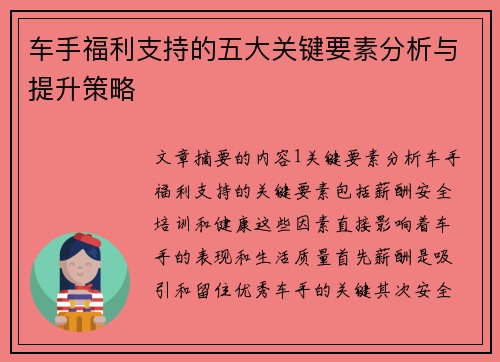 车手福利支持的五大关键要素分析与提升策略