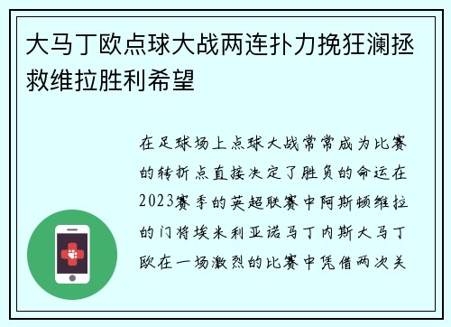 大马丁欧点球大战两连扑力挽狂澜拯救维拉胜利希望 大马丁欧点球大战两连扑力挽狂澜拯救维拉胜利希望